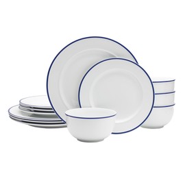 Everyday White by Fitz and Floyd Bistro Blue Band 12 Piece Dinnerware Set, Service for 4