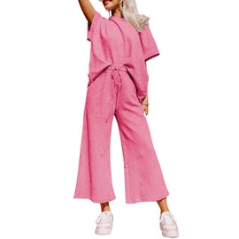 SHEWIN Two 2 Piece Outfits Sweat Suit Lounge Sets for Women Casual Long Sleeve Crewneck Pullover Tops Matching Loungewear Pants Loose Pajama Tracksuit Fall Outfit,Hot Pink,XL