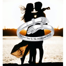 Sterling Silver Adjustable Hug Ring: I Love You to The Moon & Back Theme Gift Jewelry for Women Wife Mom - S925 Hugging Hand Rings Valentines Day Graduation Gifts Jewelry