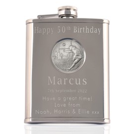 Mens 50th Birthday Stainless Steel Engraved Hip Flask with Solid Pewter Rugby Player Feature