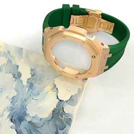 Ga2100 Band Case Strap Mod Kit,Pink Gold Stainless Steel Metal Case Bezel 9 match Color Silicone Band Strap Parts Compatible With Casio G shock Ga-2100 Ga-2110 GAB-2100 (Green Silicone Band)