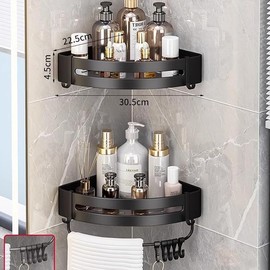 Pack of 2 Shower Shelves, No Drilling, Corner Shelf, Shower Basket, Shower Shelf with 8 Hooks, Aluminium Wall Mounted Bathroom Shelf, Bathroom Accessories, Corner Shelf for Storage of Shower Gel