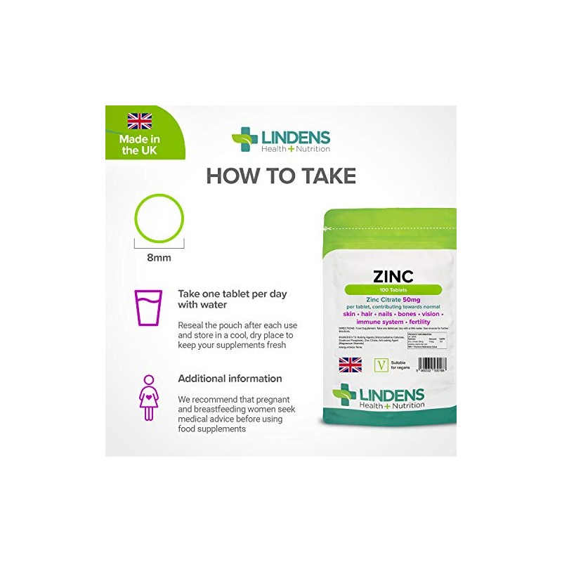 Lindens Zinc Citrate 50mg - 100 Vegan Tablets - Immune