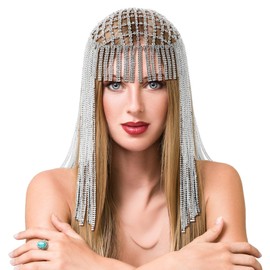 Quelay Rhinestone Headpiece Cap Vintage 1920s Tassel Crystal Diamond Headpiece Flapper Head Chain Tassel Veil Hair for Women Gatsby Hair Accessories Belly Dance Wedding(Sliver)