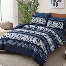 Anibedding Navy Blue Comforter Set Queen Size,7 Pieces Boho Bed in a Bag Aztec Western Bedding Set, Soft Microfiber Bed Comforter Set for All Season