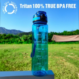 OLDLEY Water Bottles, 32oz Motivational Sports Water Bottle with Time Marker - Times to Drink - Tritan, BPA Free, Wide Mouth Leakproof, Glacial Blue (1 Pack)