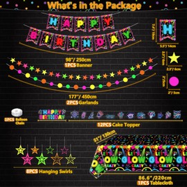 223 Pack Glow Neon Party Supplies Glow Party Tableware Set Neon Birthday Party Decorations Including Plates Banner Balloons Napkins Tablecloths Neon in Dark Theme Party Supplies Serves 40