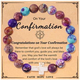 JERYAQTQ Confirmation Gifts for Teenage Cross Charm Beaded Bracelet for Women/Men Relax Anxiety Jewelry Faith Gifts Catholic Sponsor Gift (Emperor Purple)