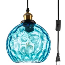 Pobllem Plug in Hanging Lamp, Modern Plug in Pendant Lighting with 14.75Ft Adjustable Cord, Blue Hammered Glass Globe Plug in Hanging Ceiling Light for Living Room Dining Room Kitchen Bedroom