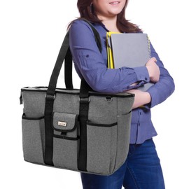 LoDrid Large Teacher Organizer Tote with Padded Bottom, Utility Bag for Work, Multiple Pockets and Features, Gray