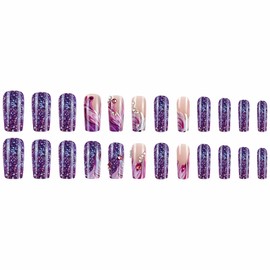 MISUD Press on Nails Long Square Fake Nails Glossy Glue on Nails Purple Ombre Acrylic Nail Supplies Squoval Artificial Nail Art Rhinestone Stick on False Nails with Design DIY 24 pcs