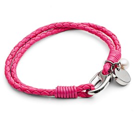 Tribal Steel Women's 2-Strand Leather Charm Bracelet with Freshwater Pearl Charm - Stainless Steel Shrimp Clasp (19cm - Standard, Vivid Pink)