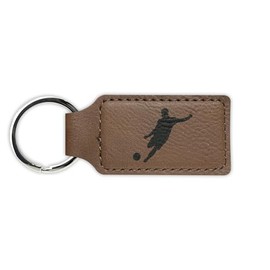 Mens Soccer Keychain Leatherette Rectangle - Laser Engraved - Many Colors - Key Chain Ring - european football boy - Dark Brown