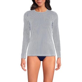 Lands' End Women's Long Sleeve Relaxed UPF 50 Rash Guard, Deep Sea Navy Mini Stripe, Medium Petite