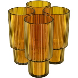 American Atelier Vintage Art Deco Fluted Drinking Glasses Set of 4, 11 oz, Amber