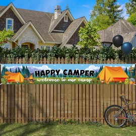 LOONELO Happy Camper Backdrop Banner with 118.1"X19.6", Long Size Polyester Fabric Camping Backdrop Banner Sign, Camping Supplies Background Photography for Camping Themed Party Decoration Supplies