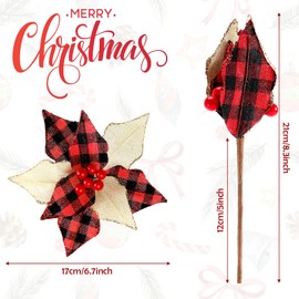 12 Pieces Christmas Buffalo Plaid Poinsettias Christmas Tree Ornament Artificial Xmas Flowers for Christmas Tree Wreath Garland Holiday, 6.7 Inch Flower Diameter (Red-Black Plaid)