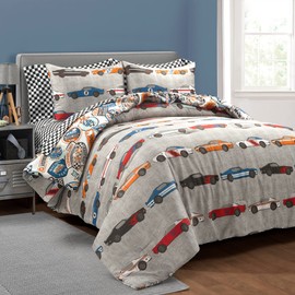 Lush Decor Race Cars Reversible Oversized With Printed Sheet 5 Piece Comforter Set, Twin, Blue & Orange