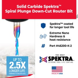 Amana Tool Solid Carbide Spektra Extreme Tool Life Spiral Plunge Router Bit Down-Cut, 46200-K-2, 1/8 Dia x 1/2 CH x 1/4 SHK 2 Inch L 2 Pack
