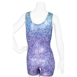 Destira Glitter and Glitz Lavender Gymnastic Unitard, Sparkle Hologram Biketard in Blues & Lavender, Scrunchie Included Child Small (6x)