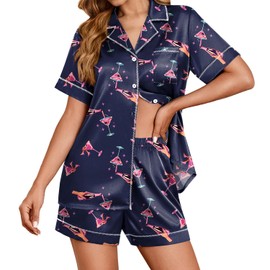 Ekouaer Womens Satin Silk Pajamas Set Short Sleeve Sleepwear Button Down Top and Shorts Loungewear 2 Piece Pjs Set Deep Blue Cocktail Glass X-Large