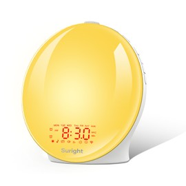 Suright Light Alarm Clock, Daylight Alarm Clock, Wake Up Light Alarm Clock, Sunrise Sunset Simulation Alarm Clock Radio 15 Nature Sounds 2 Alarms Snooze 18 Colour Light 20 Brightness Bedside Lamp