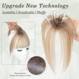 Flyroseing 100% Real Human Hair Fringe Clip in Bangs, Ombre Brown Blonde Fringe Clip in Fringe Human Hair for Women, Full Neat Bangs Fringe Hairpiece 360°Cover Clip in Fringe