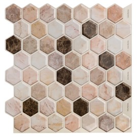 Decopus 3D Peel and Stick Tile (Hexagon Marble Brown 10Pack Thin & Flex Smart Tile for Kitchen, Bathroom, Car Camper - DIY Remodelling, Wall Decorations, No Grout Backsplash, Faux Marble