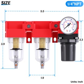 TAILONZ PNEUMATIC 1/4 Inch NPT 150PSI 3 in 1 Air Filter Pressure Regulator Combo Piggyback, Air Tool Compressor Filter, 5 Micron Filter Element(Manual Drainage)