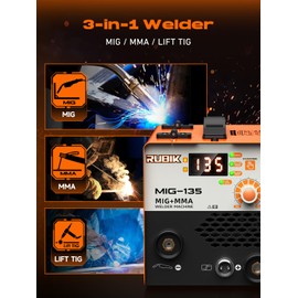 RUBIK 135Amp MIG Welder-110V Flux Core Mig Welder/Stick/Lift Tig 3 in 1 Welding Machine with IGBT Inverter Portable Gasless Welder Machine with Welding Wire Orange