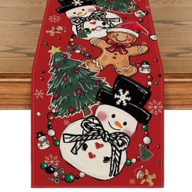 Artoid Mode Red Snowman Gingerbread Pine Merry Christmas Table Runner, Seasonal Winter Kitchen Dining Table Decoration for Home Party Decor 13x72 Inch