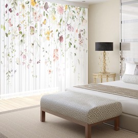 Fereyis Floral Sheer Curtains for Living Room 63 inch Length 2 Panels Set Elegant Butterfly Spring Flower Printed Window Curtain Chiffon Drapes for Bedroom