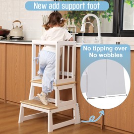 Kids Kitchen Step Stool, Ideal Toddler Learning Standing Tower, 2025 New Upgrade with an Anti-tip Structure and Anti-Drop Safety Bar, More Stable and Safer - White Natural