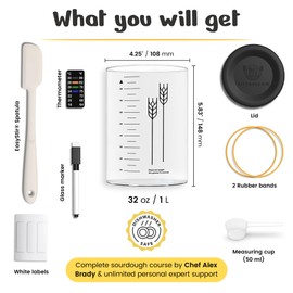 Kitchendom Sourdough Starter Kit - Wide-Mouth 32 oz Glass Jar for Sourdough Starter, Innovative Lid, EasyStir Spatula, Dishwasher Safe, Free Sourdough Course by Chef Alex Brady, Perfect for Beginners