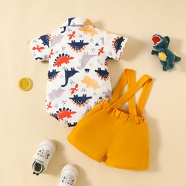 UUAISSO Toddler Baby Boy Summer Clothing Dinosaur Print Short Sleeve Tops Braces Shorts Set, orange