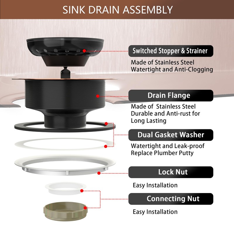 EXAKEY Kitchen Sink Drain Copper 3-1/2 Inch Stainless Steel Kitchen
