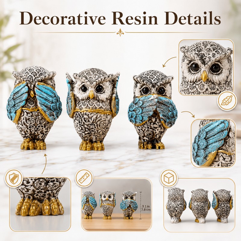 3-Piece Resin Owl Figurine Set – See Hear Speak No