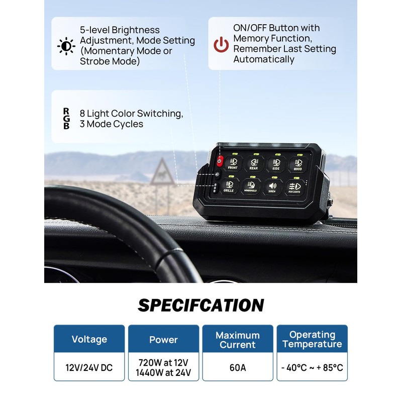 JOYTUTUS Wireless RGB 8 Gang Switch Panel 5-Level Brightness 8