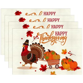 Thanksgiving Placemats Set of 4, Faux Leather Placemats Set,Table Mat Stain Resistant Washable 11''x17'' Leaves and Pumpkin Decorations Turkey Fall Placemats Waterproof for Dining Kitchen Table Party