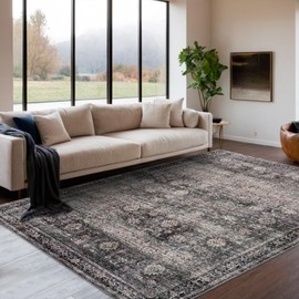 Garveehome Area Rugs 8x10 Large Vintage Printed Accent Rugs with Non-Slip Backing, Stain-Resistant Oriental Living Room Rugs, Washable Farmhouse Low Pile Rugs for Bedroom, Office, Green Camel