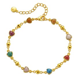 Colorful Heart Gemstone Bracelet for Women, Adjustable 18K Gold-Plated Boho Charm Bracelet, Chic Trending Jewelry for Women, Perfect for Daily Wear, Holiday, and Gift Giving (Colorful Heart Charm)