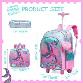 ZBAOGTW Mermaid Rolling Backpack for Girls with Lunch Box Kids Backpack with Wheels for School Cute Kids Rolling Backpacks for Girls Kindergarten