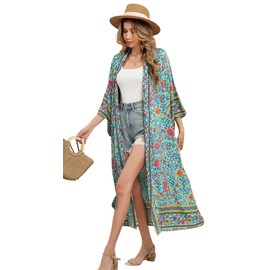 R.Vivimos Women's Vintage Floral Print Beach Boho Cardigan Kimono Maxi Swimwear Cover Up Dress Wrap Large
