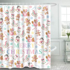 Hahafelt Pastel Christmas Shower Curtain with 12 Hooks Pastel Christmas Decoration Pink Gingerbread Candy Merry Xmas Bath Bathroom Decor