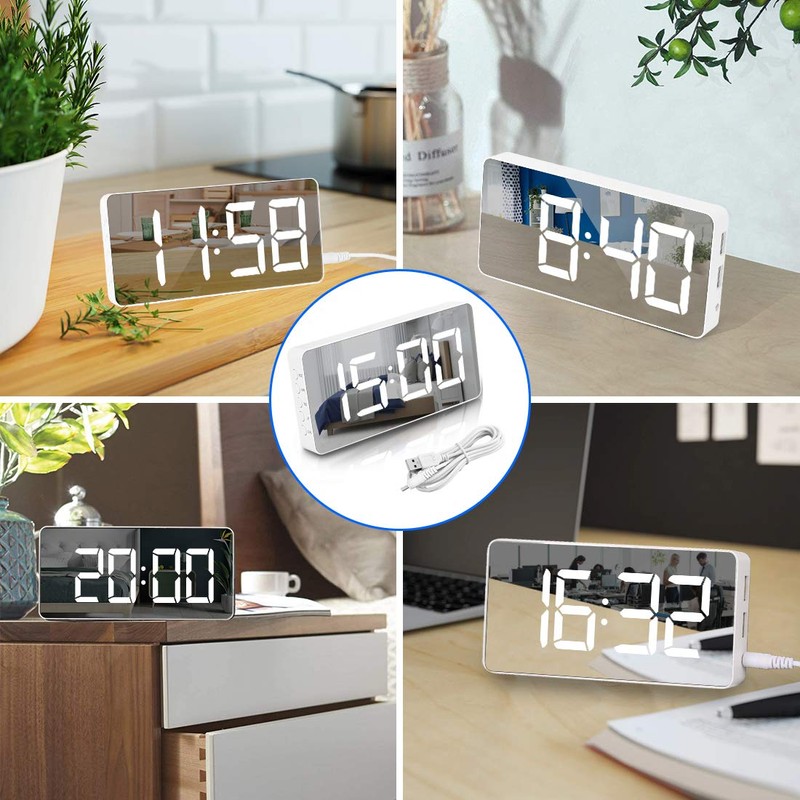 Digital Alarm Clock Large Mirrored LED Clock Snooze Function Dimming