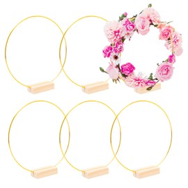 Pilikoll Pack of 6 20 cm Gold Metal Rings for Crafts with 6 Wooden Stands Gold Flower Wreath Macrame Rings Decorative Rings for Hanging for DIY Flower Macrame, Wedding Party Table Decoration