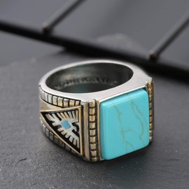 Gixaxak North American Indian God Beast Western Honor Thunderbird Feather Turquoise Two-Tone Ring Natural Turquoise Stone Gold Plated Turquoise Gemstone Ring Jewelry Anniversary Ring (Size 10)