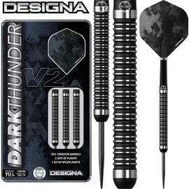 DESIGNA DARTS D3534 Dark Thunder | 26g Premium 90% Tungsten Barrel Steel Tip Dart Set With Twin Ringed Grip Including Flights and Nylon Shafts, Black