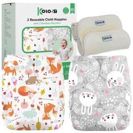 Kolo 2 Reusable Baby & Newborn Nappies + 2 Bamboo Liners | Washable Adjustable Cloth Nappies Unisex | 100% Eco-Friendly | Foxes & Rabbits Design