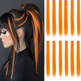 GZVIS 12 Pcs Orange hair extensions 22 Inch Straight colored hair colorful clip in extensions Highlight Party for Kids Girls and Women Gift(Orange,04)